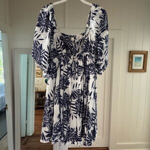 Blue and white floral Hawaiian off shoulder dress short from Mahina
